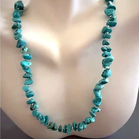 Southwestern Turquoise Nuggett and Sterling Silver Beaded Necklace 21 inches - Picture 2 of 5
